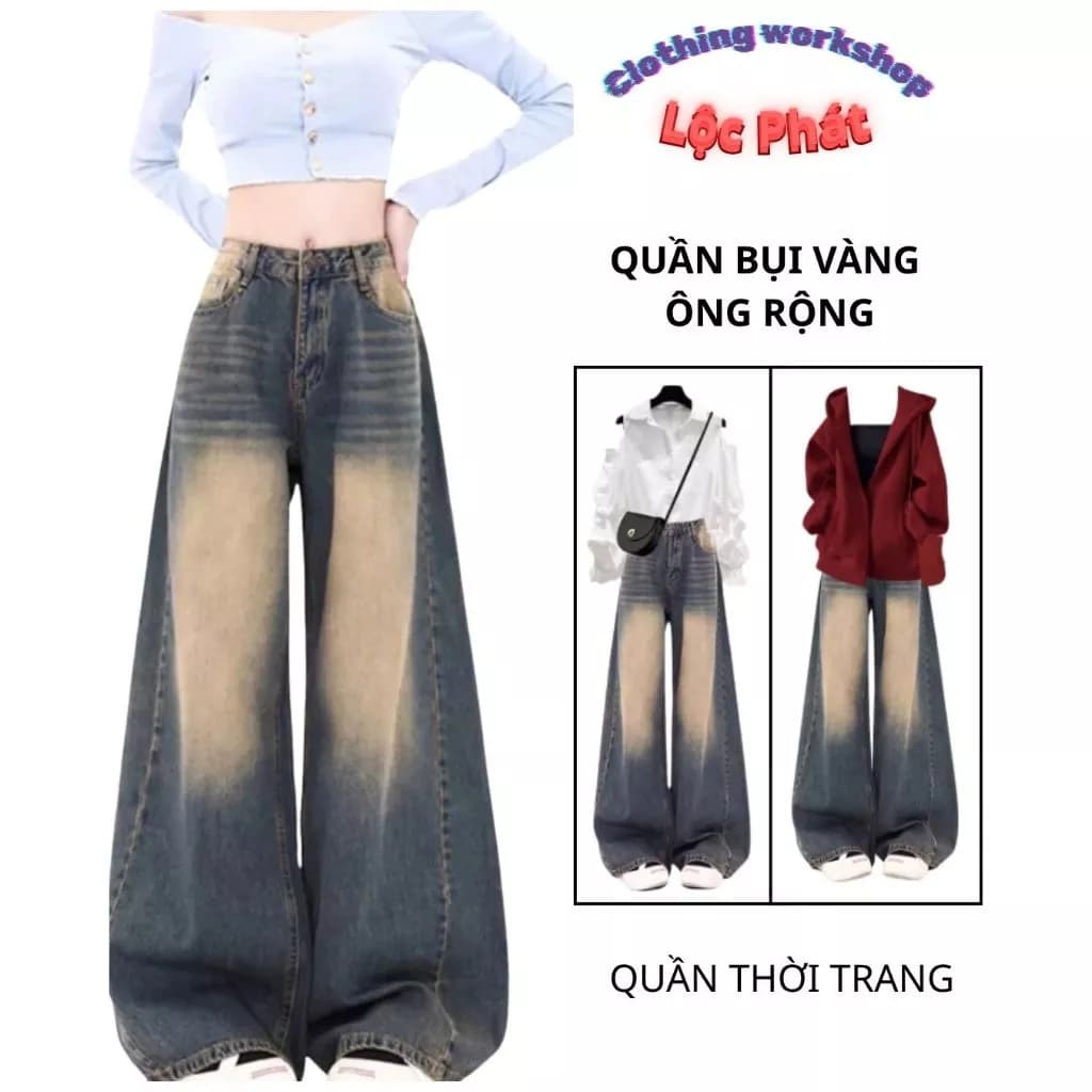 Quần jeans ống rộng, Quần bò ống rộng gân lưng cao bụi vàng Hot Hack dáng 2026 DV86