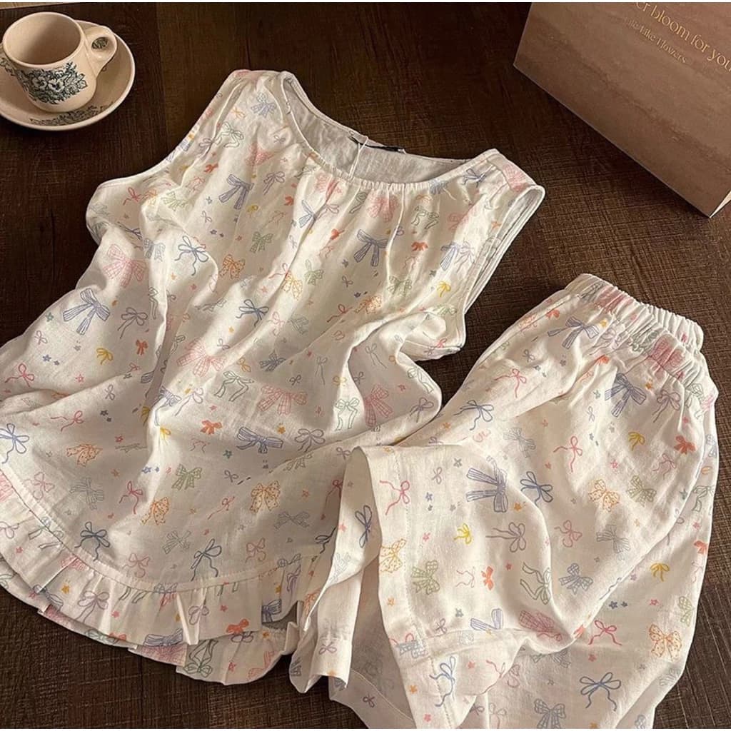 [496] Set đồ ngủ cộc nơ xink cho nữ chất đũi mềm mát rộng thoải mái hoạ tiết dễ thương cute mặc ở nhà