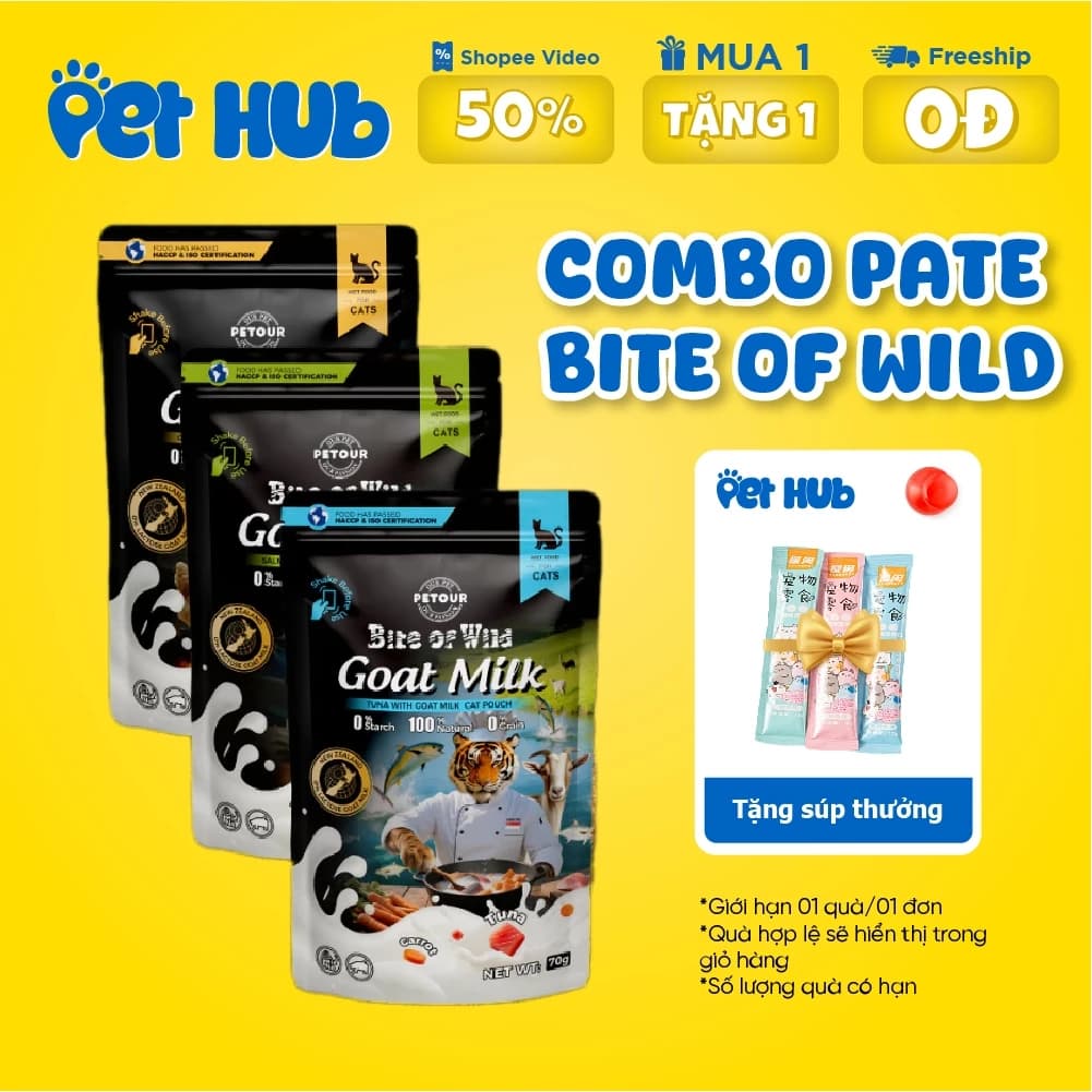 [COMBO 20-10-5] Gói Pate Bite of Wild Túi 70G Pate - Công Thức Sữa Dê Giàu Đạm, Ít Béo Cho Mèo