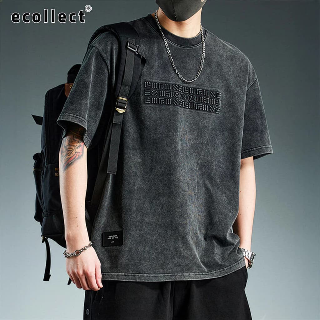Áo Thun Nam ECOLLECT CT07 Ngắn Tay Form Rộng, Áo Phông Cotton Heavyweight Hiệu Ứng Washed Dập Nổi 3D Streetwear