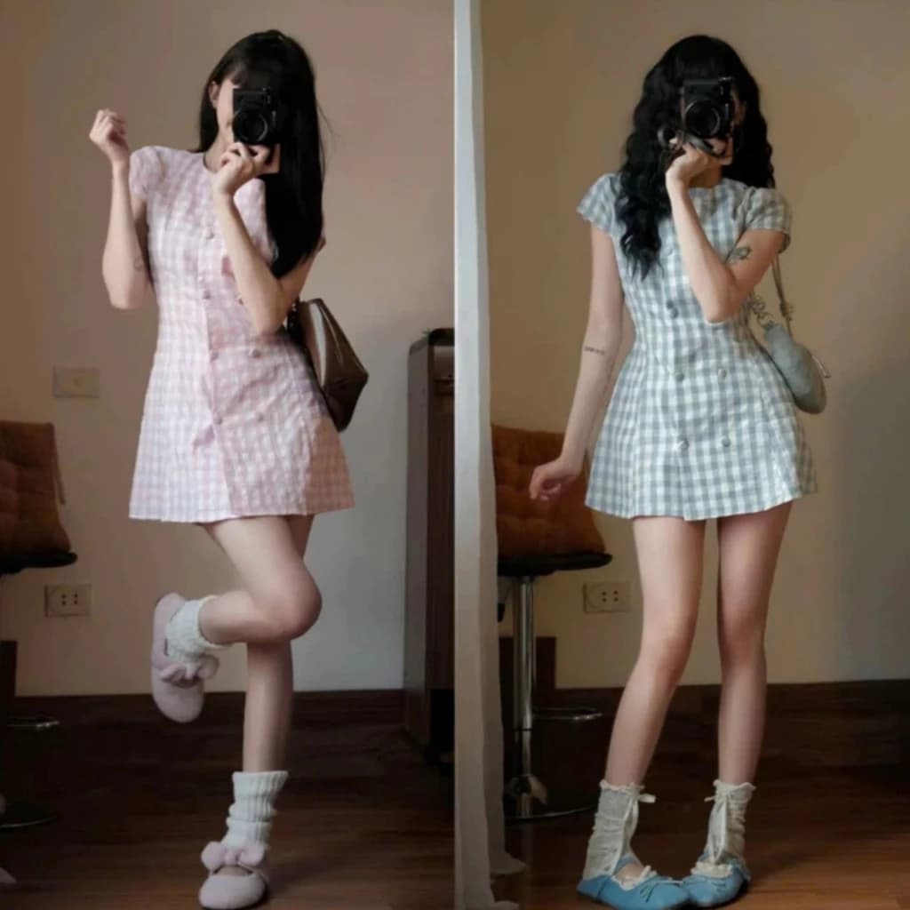 Váy kẻ caro dáng suông cổ tròn, váy ngắn nữ tay ngắn 2 hàng cúc bọc basic Renee Store - V0207