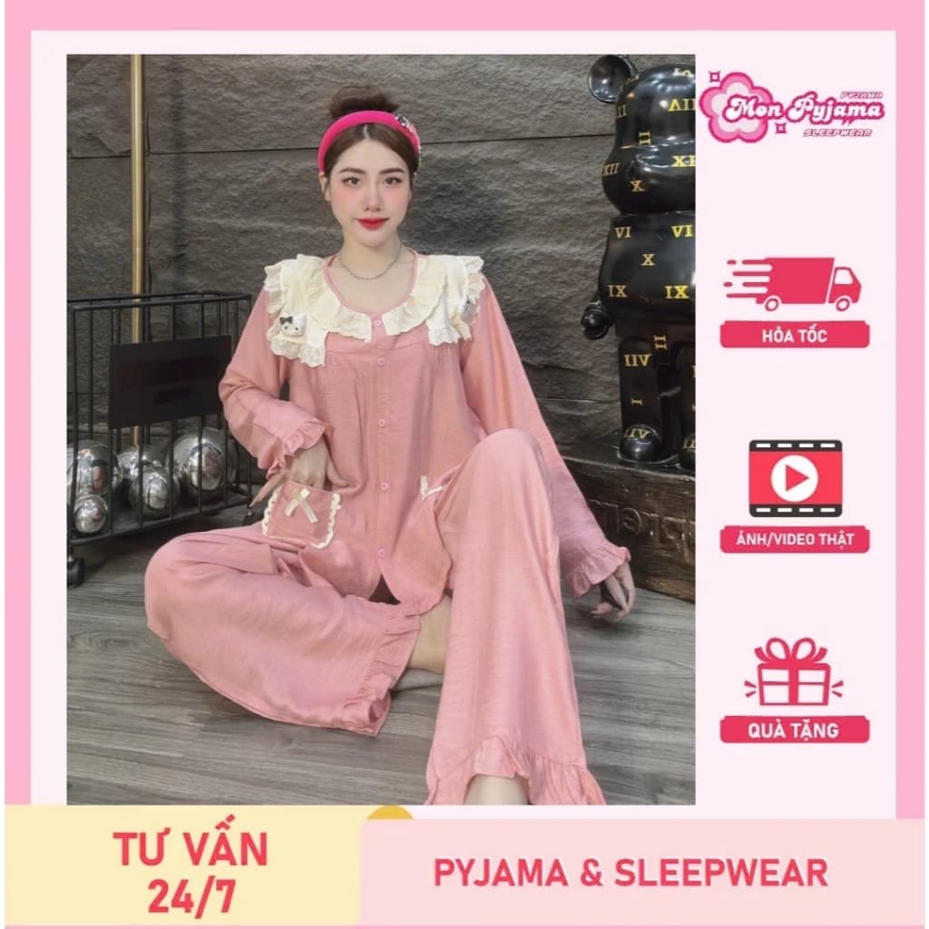 Đồ ngủ dễ thương,đồ bộ nữ đồ mặc nhà,pijama đũi tiểu thư dài tay trơn cổ áo hello kitty hottrend[20]