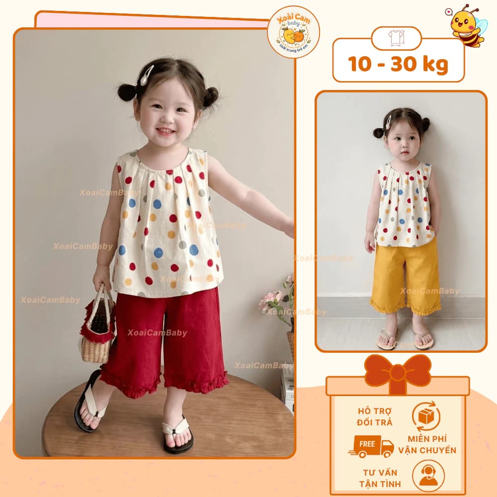 Set áo sát nách bé gái chấm bi dễ thương, Áo sát nách phối quần culottes đỏ cotton mềm mát mùa hè cho bé - M16