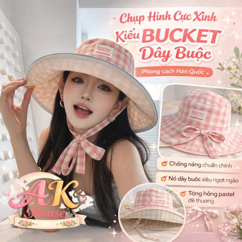 Mũ Bucket Nữ MH14 Dây Buộc Caro Hàn Quốc, Mũ Rộng Vành Chống Nắng, Nón Đi Biển Thời Trang GenZ