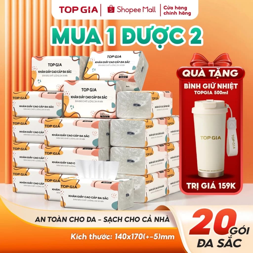 (MUA 1 TẶNG 1) Tặng bình giữ nhiệt 500ml, thùng 20g giấy ăn Đa Sắc Topgia mềm mịn dày dai 240 tờ