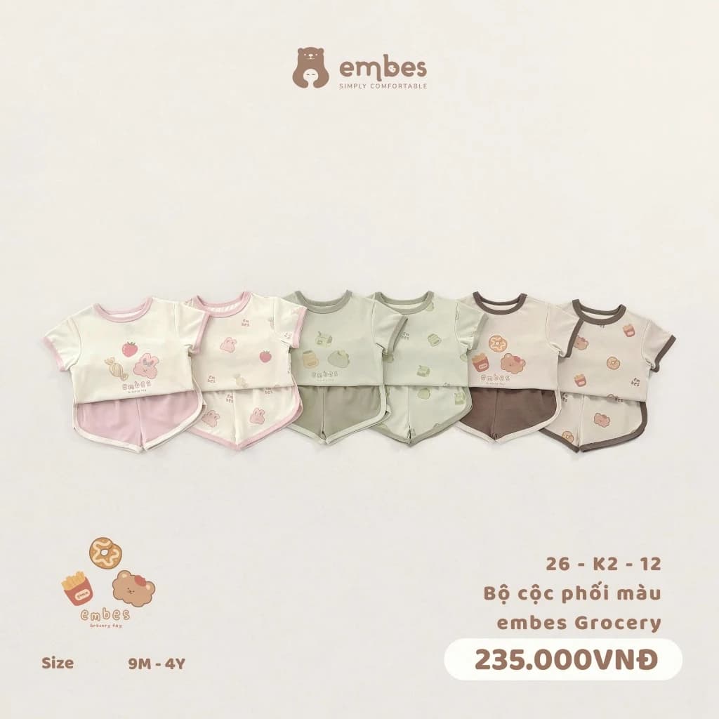 Bộ Cộc Tay Embes, Bộ Quần Áo Cộc Tay In Hình Phối Quần Vạt Bầu Chất Cotton Mềm Mát Cho Bé Từ 8-18Kg