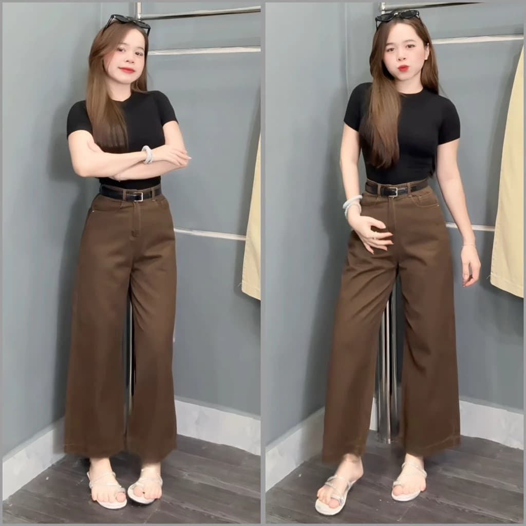 (92cm) Quần Jean Nữ Suông Trơn Ống Rộng Cạp Cao( Quần Suông Nấm 7402)