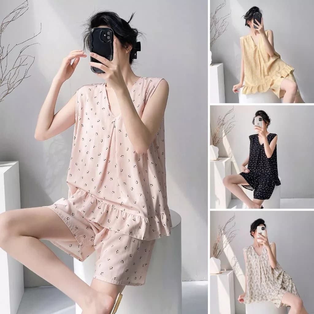 Bộ đồ ngủ dành cho nữ Muyhensi gồm áo ba lỗ có đệm ngực và quần đùi chất liệu 100% viscose mỏng mát size L-XXL (45-70kg)