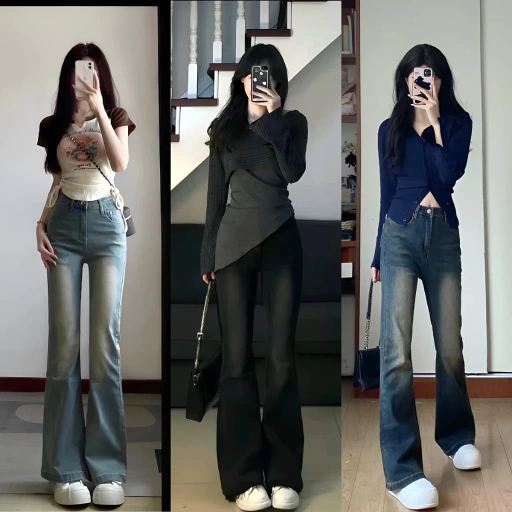 Quần Jean Nữ Ống Loe MIAA Cạp Cao Đứng 22 - 24 CM Co Giãn 4 Chiều, Quần Jeans Loe Mài Xước Ôm Eo Tôn Dáng