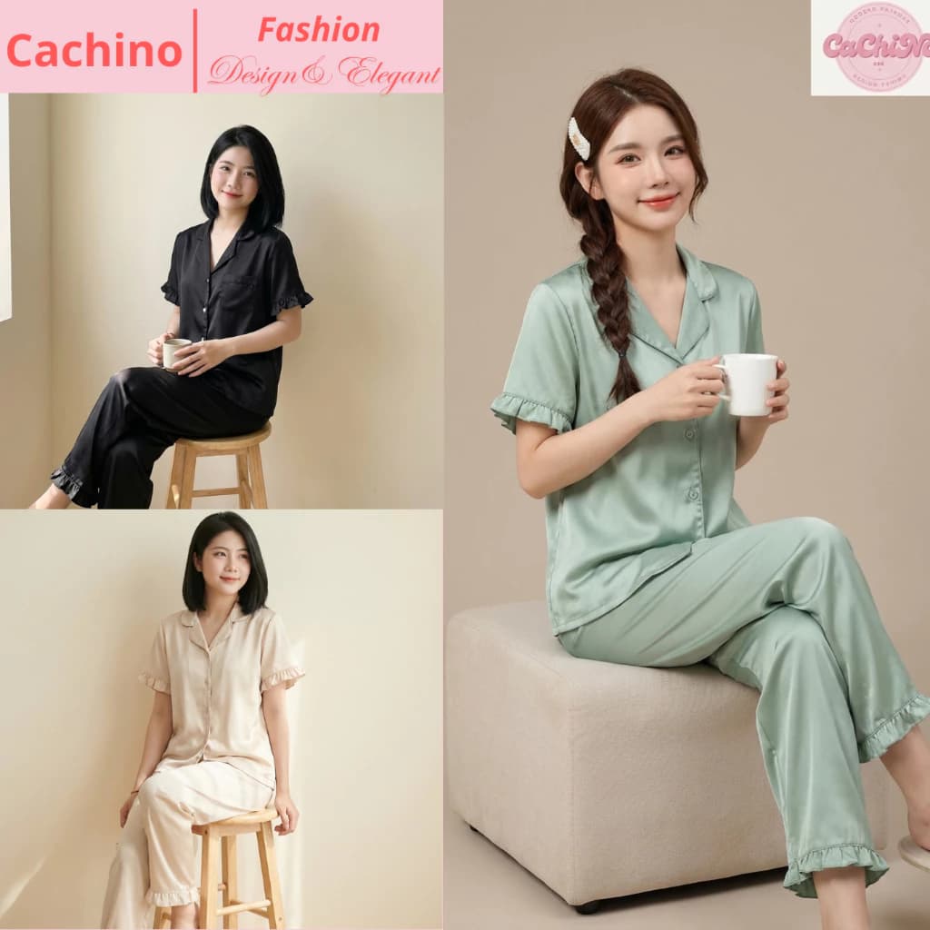Bộ pijama lụa Xước cao cấp cộc tay quần dài. Bộ ngủ mặc ở nhà lụa trơn tay bèo C07