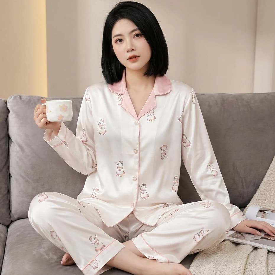 Bộ ngủ lụa , Bộ pyjama dài tay họa tiết dễ thương sang chảnh