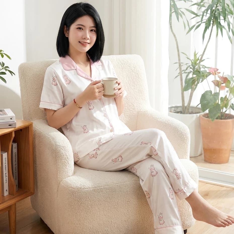 Bộ đồ ngủ nữ lụa xước cao cấp, bộ pyjama cộc tay họa tiết dễ thương hàng Quảng Châu BN027