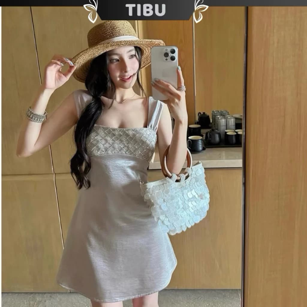 TIBU - Đầm Lụa Hai Dây Dáng Ngắn Đan Dây Đi Chơi Biển Dạo Phố Sang Chảnh Mùa Hè D724