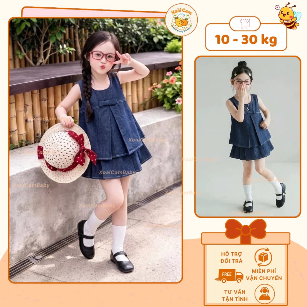 Váy bé gái sát nách jean mềm dáng xòe 2 tầng, đầm sát nách JEAN phong cách Hàn Quốc chất liệu chuẩn jean cao cấp - M25