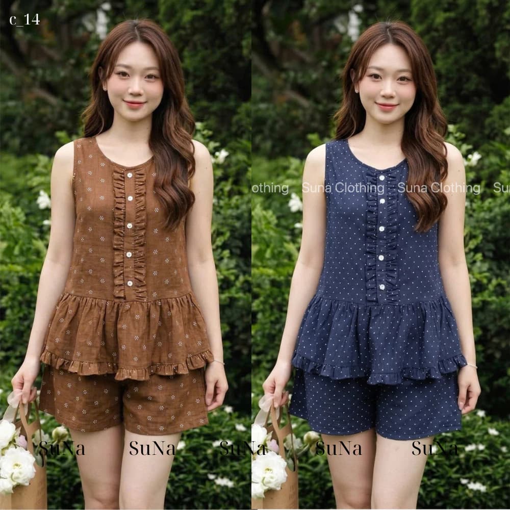 C14 - Bộ Pijama Mặc Nhà Sát Nách Quần Đùi – Chất Thô Đũi Mềm Mại, Thoáng Mát Mùa Hè