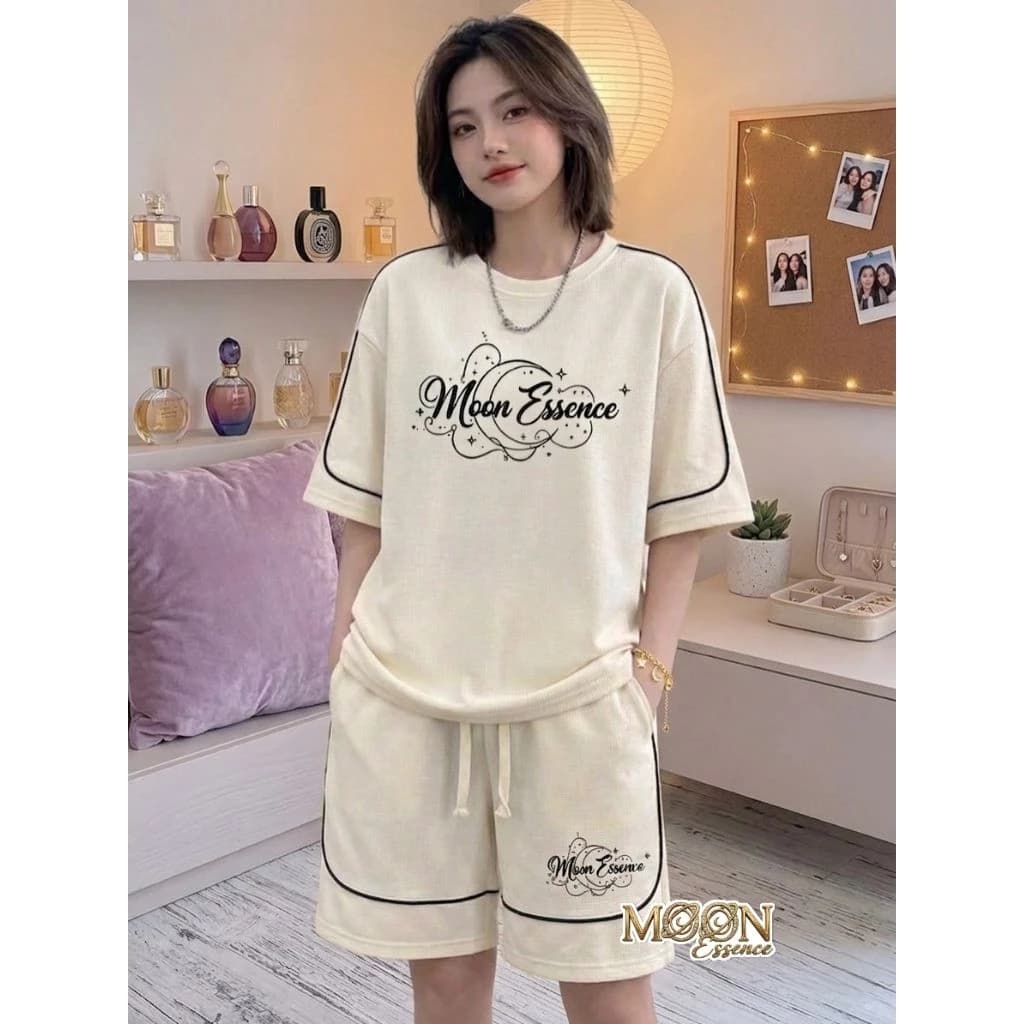 MOON ESSENCE Bộ cộc nam nữ tổ ong mùa hè bộ mặc nhà cotton tổ ong