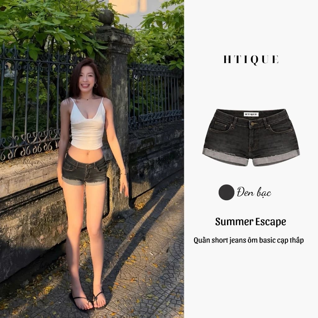 SUMMER ESCAPE - HTIQUE ra mắt Quần short jeans xanh đậm ôm dáng basic, Quần jeans cạp trễ phông cách y2k QB20
