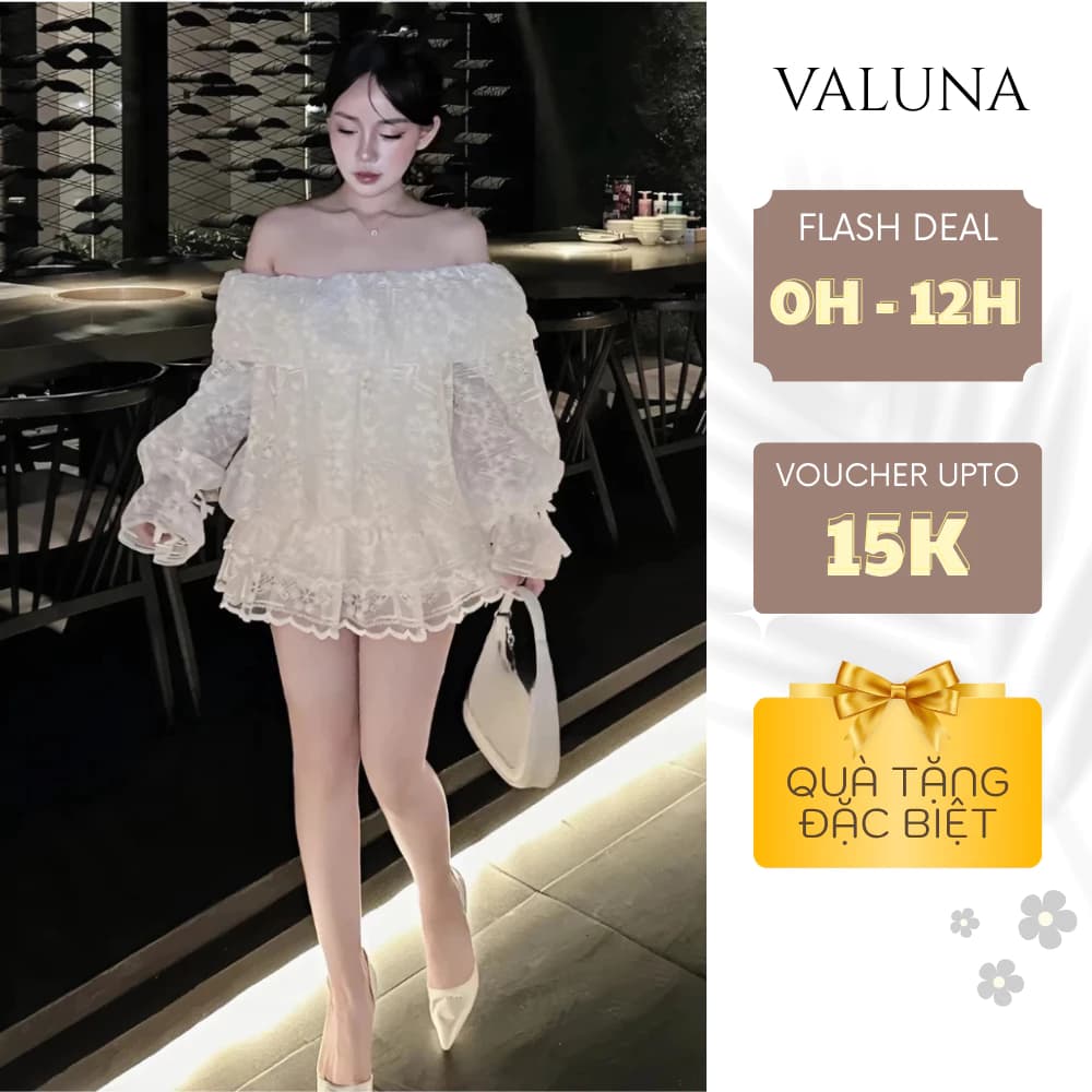 Set váy trễ vai thiết kế sang chảnh đầm nữ ren tay loe phối chân váy dự tiệc VALUNA S84