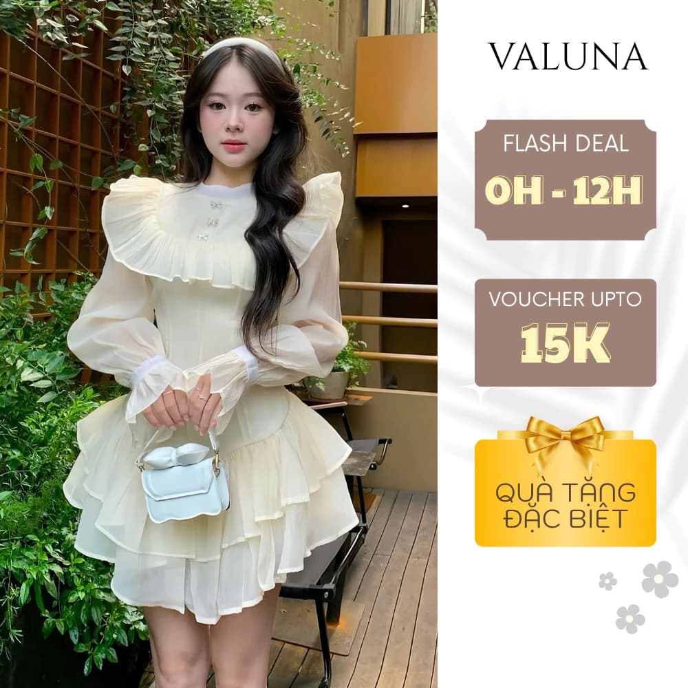 Váy dự tiệc tay bồng cổ tròn đính nơ đi tiệc đầm thiết kế xếp tầng sang chảnh VALUNA V292