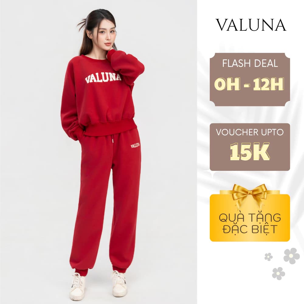 Set nỉ nữ in chữ dáng rộng, bộ đồ nỉ nữ cổ tròn quần bo gấu mặc nhà đi chơi VALUNA  DB1