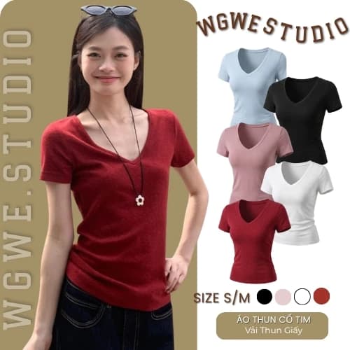 WGWE Áo Thun Nữ Cổ V 9000 Ôm Body Tay Ngắn – Áo Basic Hàn Quốc Tôn Dáng Thanh Lịch