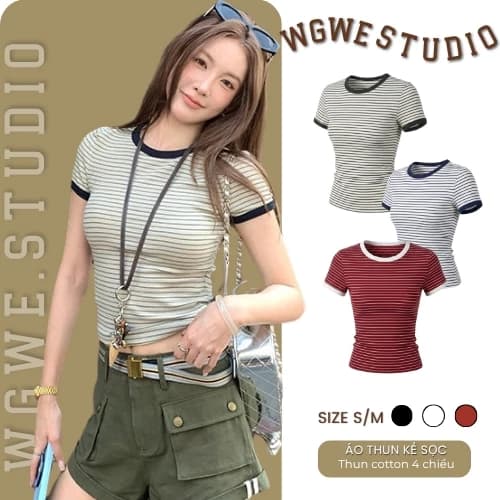 WGWE Studio Áo Thun Baby Tee Kẻ Sọc Nữ Tay Ngắn Form Ôm Co Giãn Thoáng Mát Mùa Hè 9173