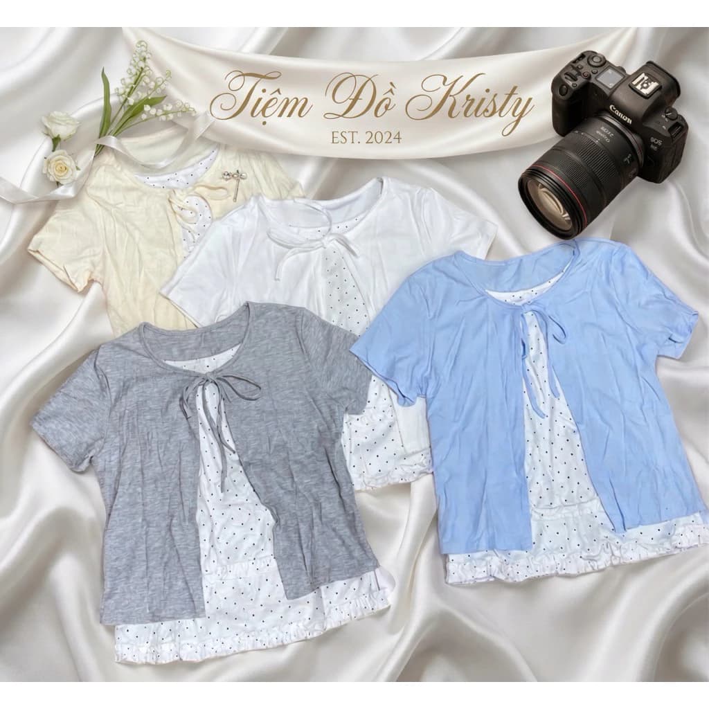 🎀[NEW] Set Áo Giả Hai Lớp Phối Chấm Bi Buộc Dây - Phong Cách Nàng Thơ ✨