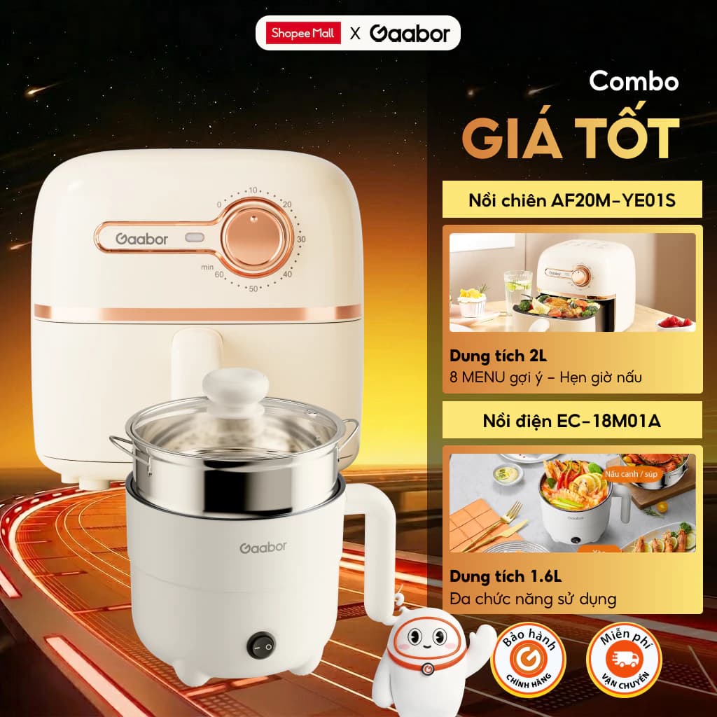 Combo Gaabor 502 Nồi chiên không dầu 2L AF20M-YE01S Nồi điện đa năng EC-18M01A lẩu điện 1.6L nấu nhanh chóng tiện lợi
