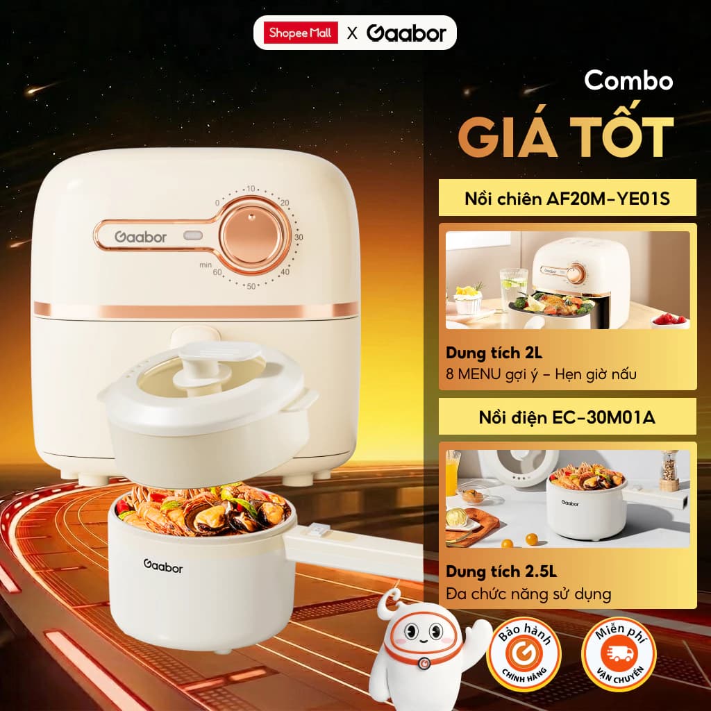 Combo Gaabor 506 Nồi chiên không dầu 2L AF20M-YE01S và Nồi điện đa năng Gaabor EC-30M01A dung tích 2.5L nấu tiện lợi