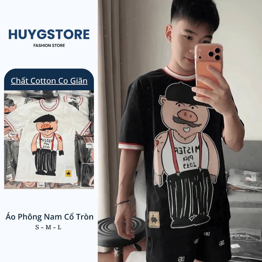 Áo Phông Nam Hình Chú Lợn Siêu Lạ, Áo Thun Nam Nữ Chất Cotton Cổ Viền Đỏ Mới Nhất - HuyGStore