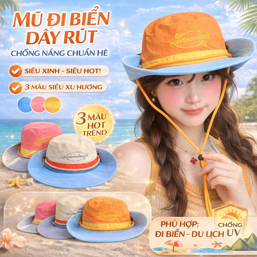 Mũ Bucket MH15 Đi Biển Dây Rút Chống Nắng, Mũ Tai Bèo Outdoor 2 Kiểu Đội, Mũ Du Lịch Thời Trang Nam Nữ