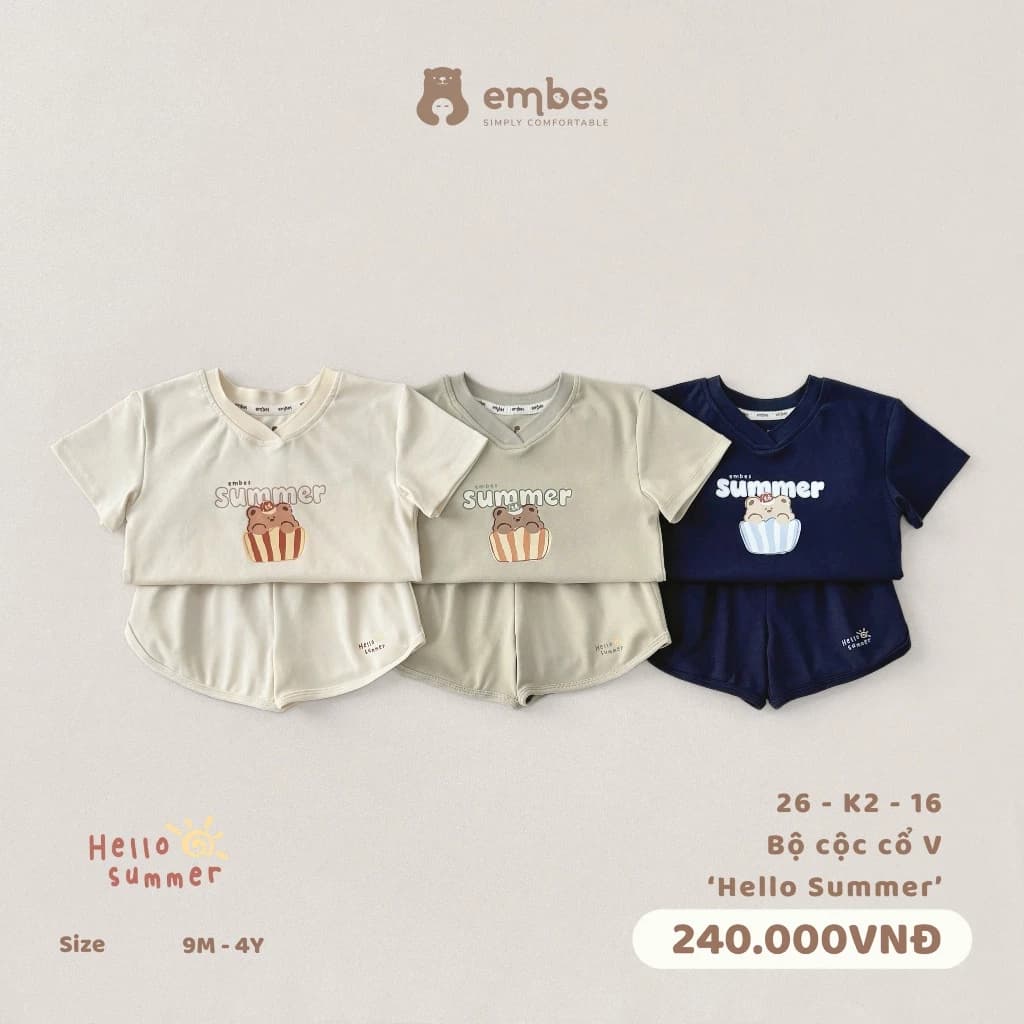 Bộ Cộc Cho Bé Embes, Bộ Cộc Tay Cổ V In Họa Tiết Summer Chất Mềm Mát Cho Bé Trai Bé Gái Từ 8-17Kg