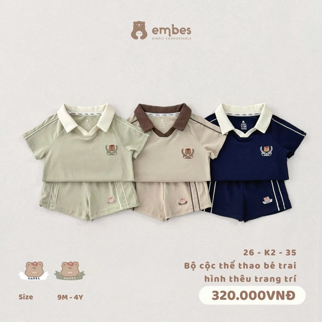 Bộ Cộc Bé Trai Embes, Bộ Polo Cộc Tay Dáng Thể Thao Thêu Hình Chất Cotton Cho Bé Tai Size Từ 8-17Kg