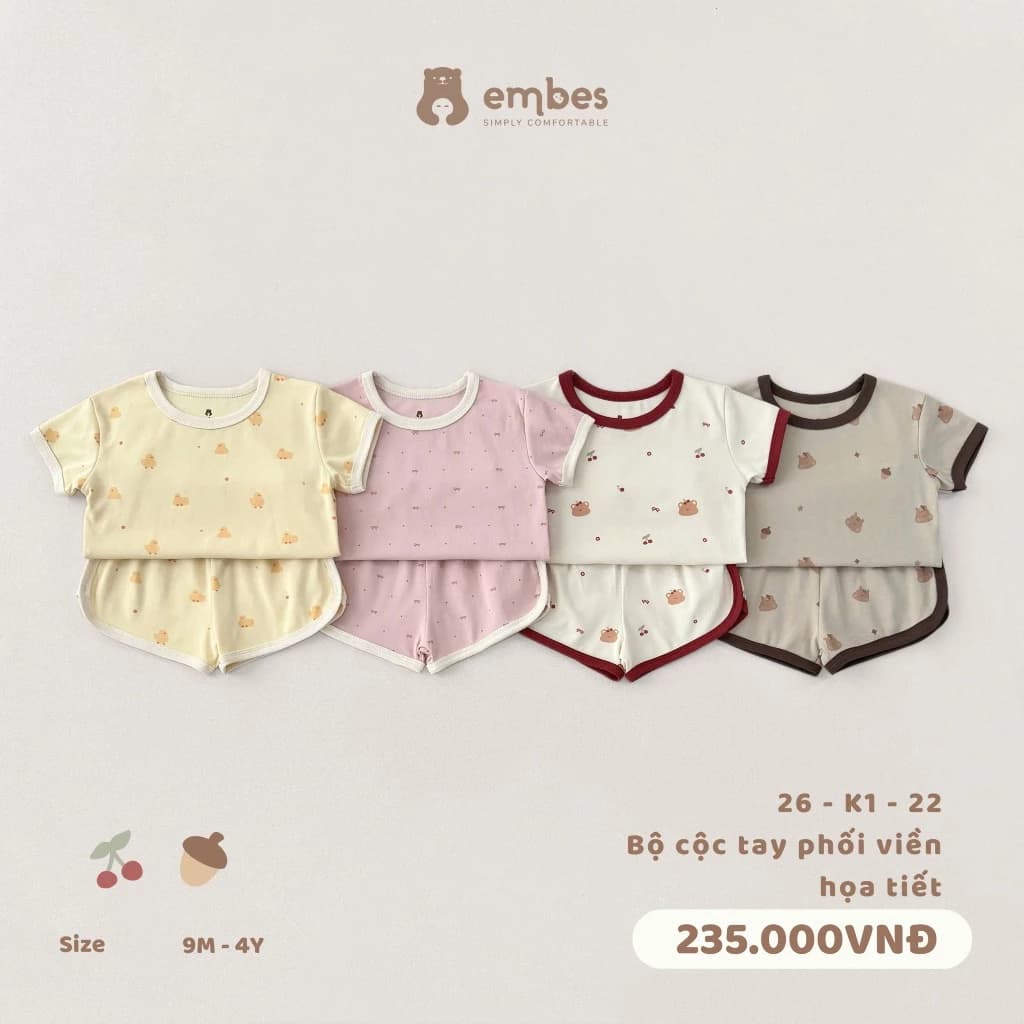 Bộ Cộc Cho Bé Embes, Bộ Cộc Tay In Họa Tiết Phối Quần Vạt Bầu Chất Mềm Cho Bé Trai Bé Gái Từ 8-18Kg