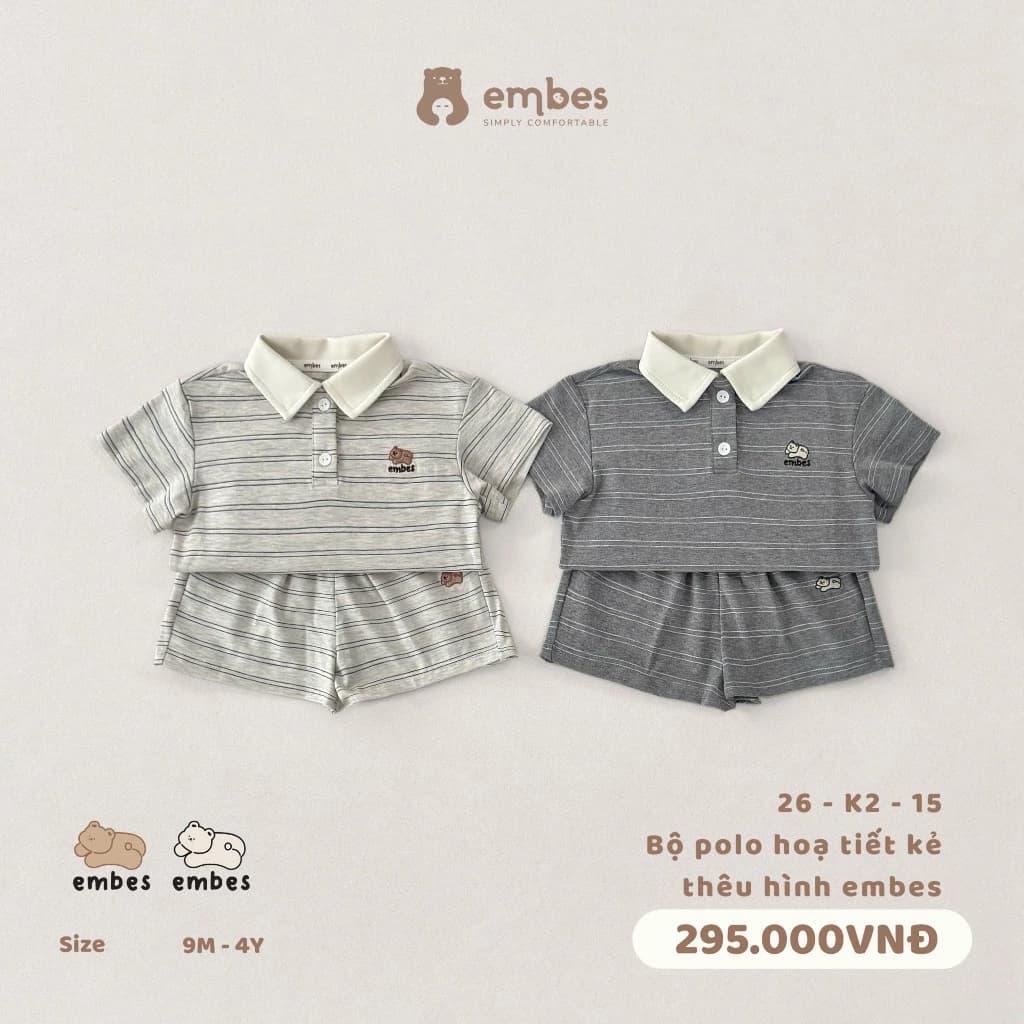 Bộ Cộc Bé Trai Embes, Bộ Polo Cộc Tay Họa Tiết Kẻ Ngang Thêu Hình Chất Cotton Cho Bé Trai Từ 8-17Kg