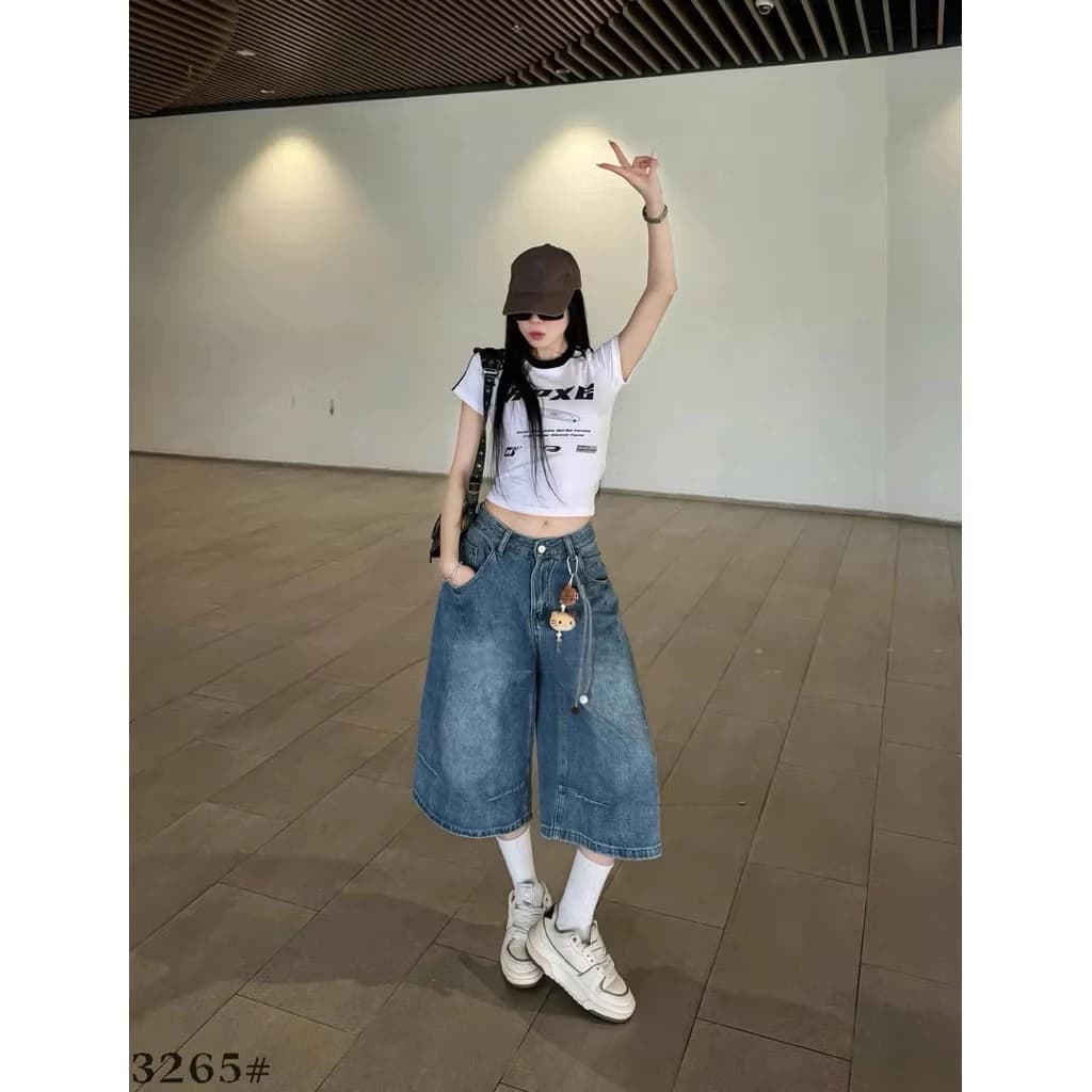 Quần Jean Ngố Lửng Nữ Ống Rộng Cạp Khoá - Quần Bò Ngố Cạp Cao Dài Qua Gối - Ko Kèm charm gấu
