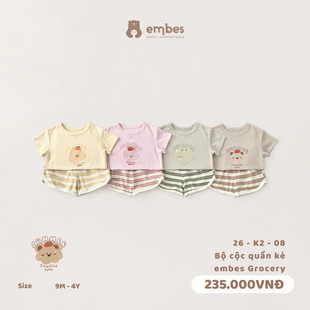 Bộ Cộc Cho Bé Embes, Bộ Cộc Tay In Hình Phối Quần Kẻ Chất Cotton Mềm Cho Bé Trai Bé Gái Từ 8-17Kg
