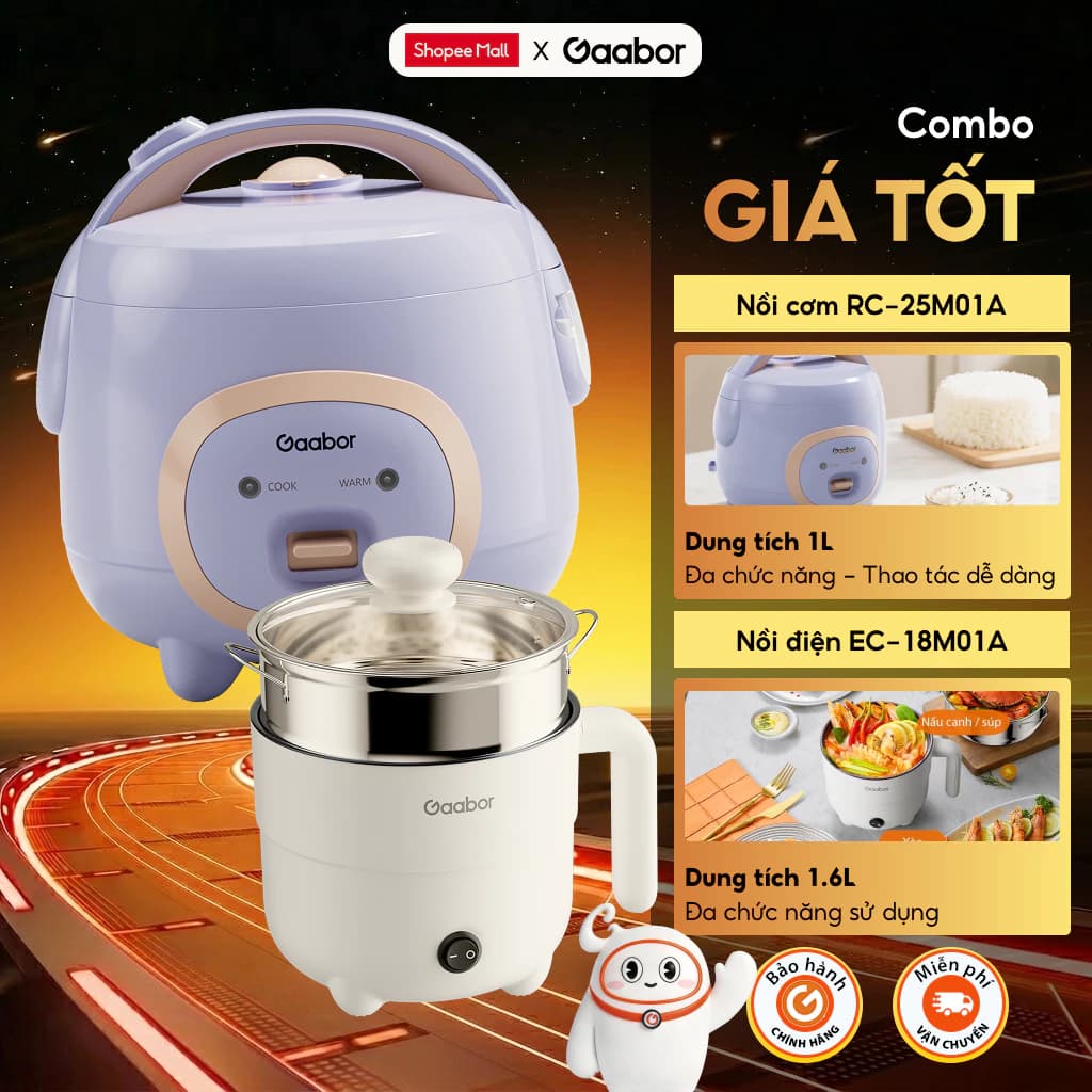 Combo Gaabor 504 Nồi cơm điện mini 1L Gaabor RC-25M01A và Nồi điện đa năng EC-18M01A lẩu điện 1.6L nấu nhanh chóng