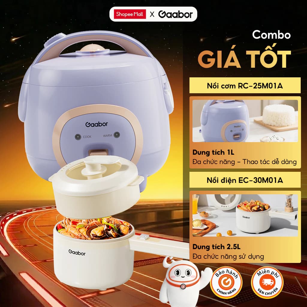 Combo Gaabor 508 Nồi cơm điện mini 1L Gaabor RC-25M01A và Nồi lẩu điện đa năng 2.5L EC-30M01A sinh viên văn phòng
