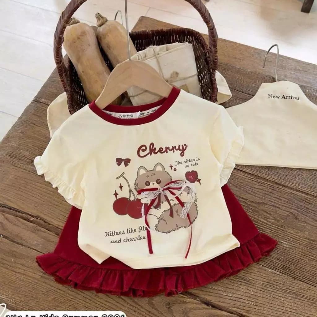 Bộ Quần Áo Bé Gái In Hình Mèo Cherry Dễ Thương Size 8-22kg Chất Liêu Cotton Mềm Mịn Thoáng Mát (Mèo Cherry)
