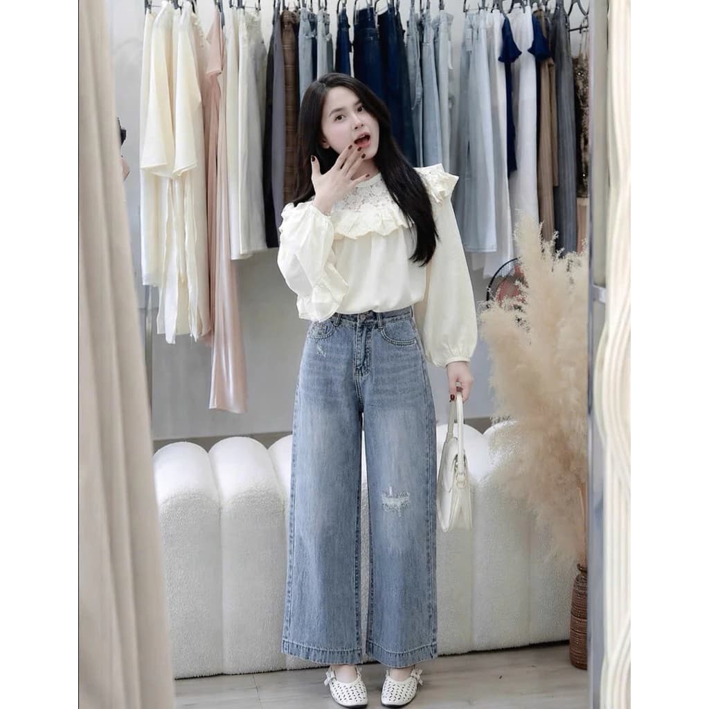 (92cm) Quần Jean Nữ Suông Rộng Nấm Thêu QC.Jean Không Giản (861)