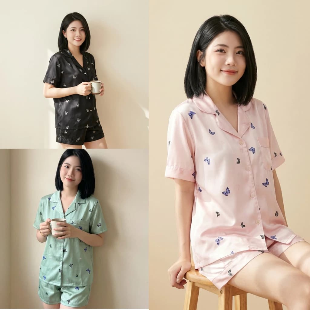 Bộ đồ pyjama lụa cao cấp họa tiết dễ thương cao cấp sang chảnh có thể mặc đi chơi ở nhà