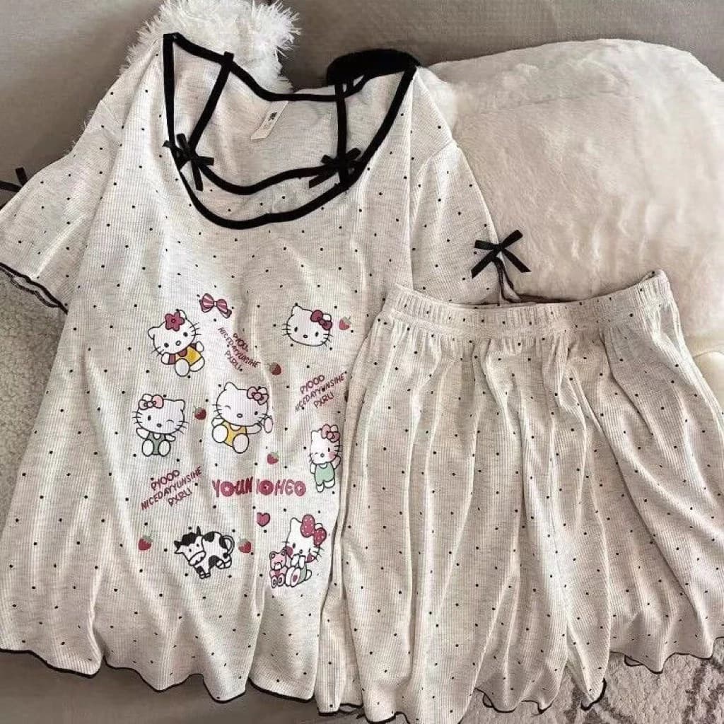 Bộ đồ ngủ mới cho nữ, bộ quần đùi ngắn tay độn mùa hè, đồ mặc nhà mùa hè Hellokitty ngọt ngào