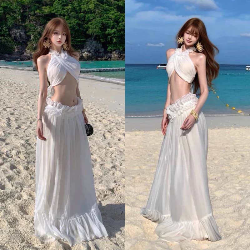 Set Váy Đi Biển - Set Áo Yếm Hở Lưng Phối Chân Váy Dài Maxi Sexy Sang Chảnh Nàng Thơ Siêu Xinh MS140