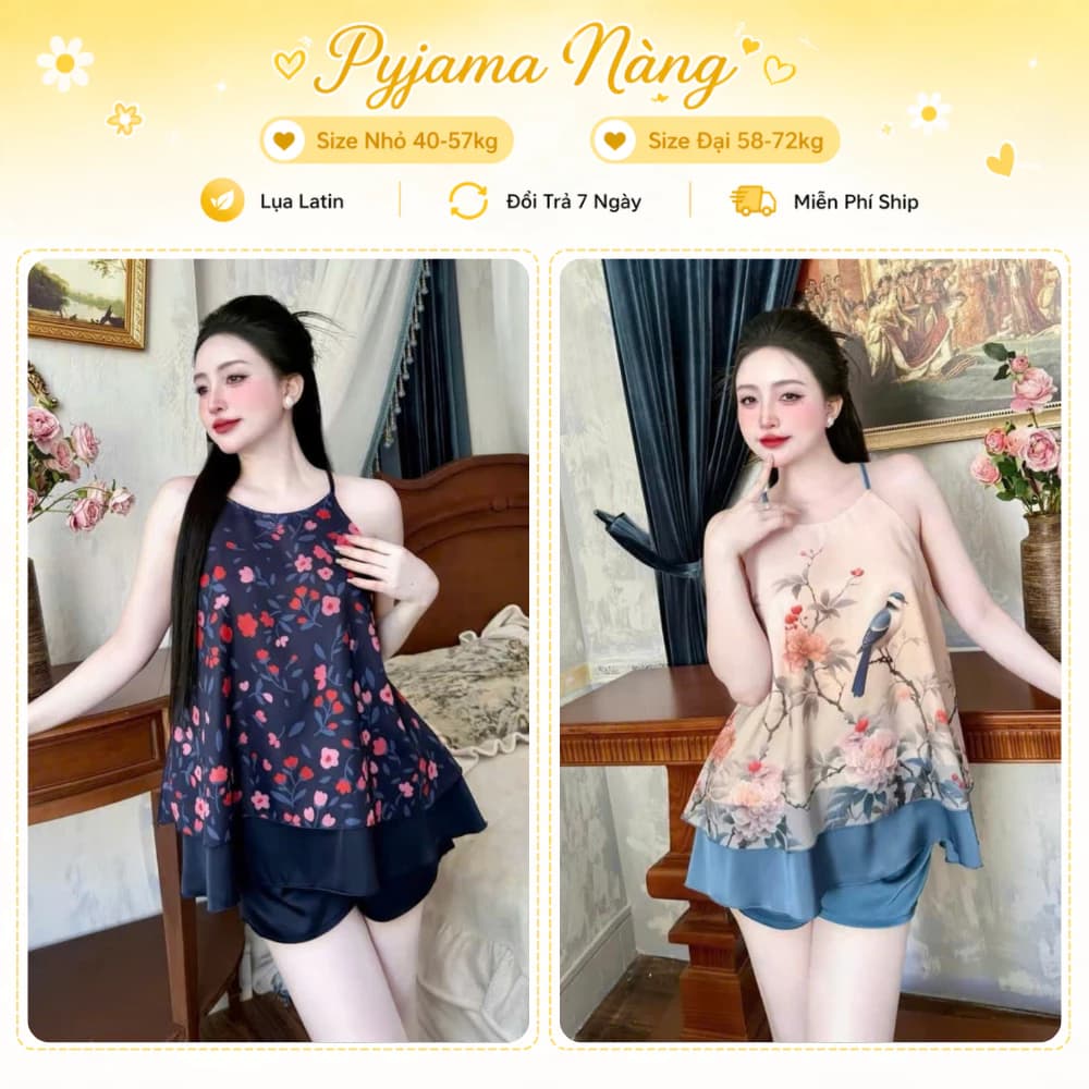 Bộ Cute Yếm Dáng Xòe X4 - Set Ở Nhà Xinh Lụa Latin Mặc Nhà Mùa Hè Dễ Thương Size 40-75kg