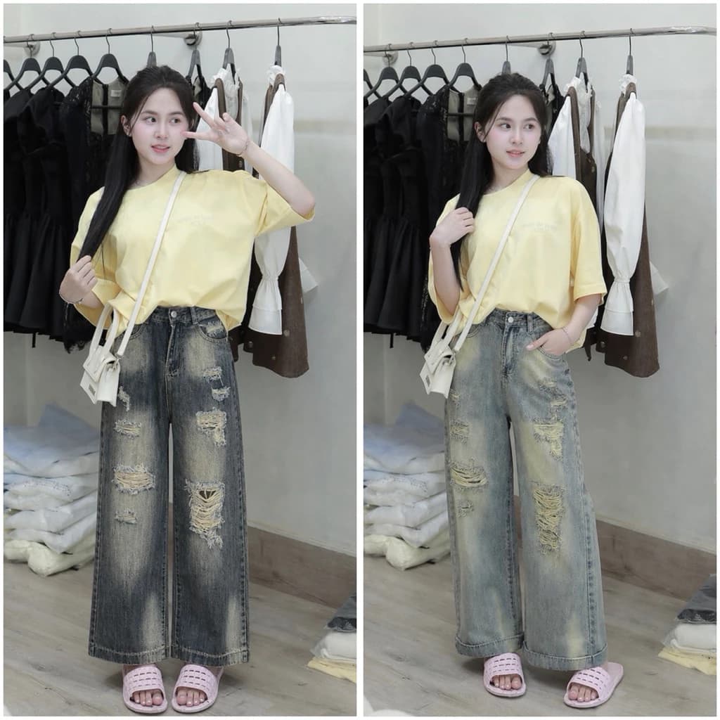 (92cm) Quần Jean Nữ Suông Rộng Nấm Loang Rách QC.Jean Không Giản.Đủ Size S/M/L(7318)