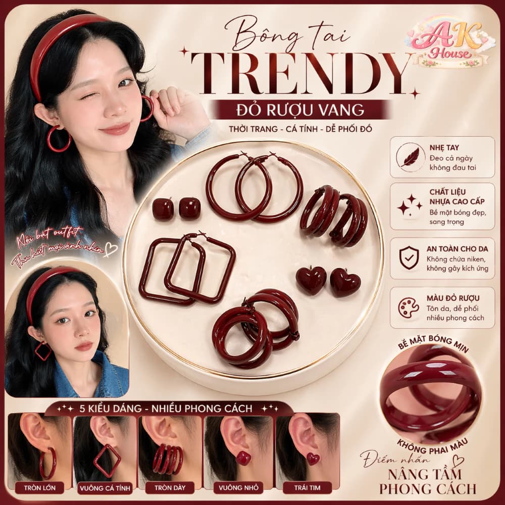 Bông Tai Trendy Đỏ Rượu Vang Hàn Quốc – Khuyên Tai Nữ Cá Tính, Nhẹ Tai, Dễ Phối Đồ