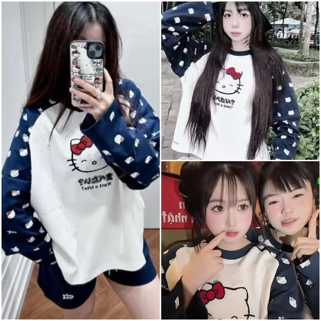 Áo phông dài tay in hoạ tiết mèo IN phối tay tay siêu hot phong cách trê trung năng động