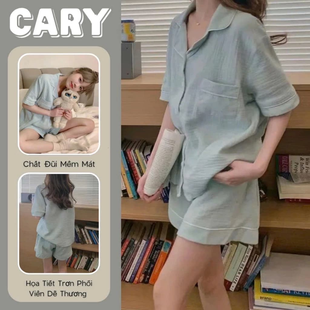 Set đồ ngủ ngắn tay trơn dáng rộng bộ đồ ngủ nữ vải đũi xốp mềm mát CARY