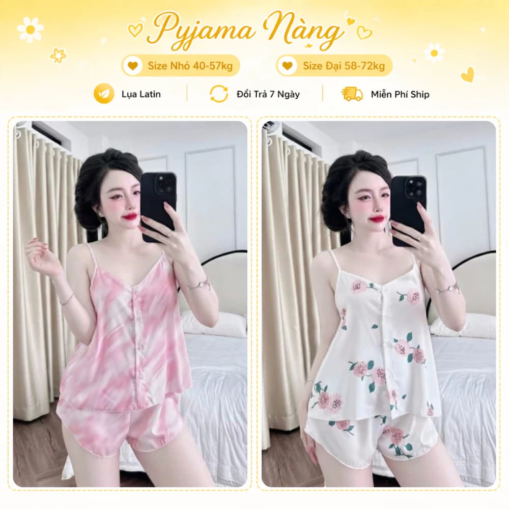 Bộ Pyjama Nữ 2 Dây L7 - Đồ Ngủ Lụa Latin Cao Cấp Mềm Mịn Bóng Mượt Họa Tiết Dễ Thương Size 40-72kg